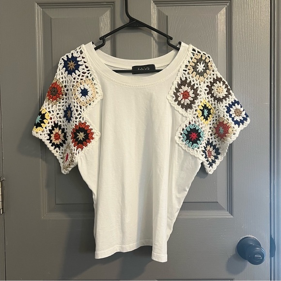 fab'rik Tops - Fab'rik White Top with Multicolor Crochet Sleeves